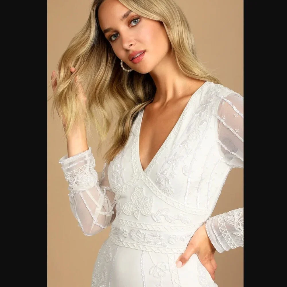 NWT - Lulus Luxe Bridal - White Beaded Long Sleeve Maxi Dress - Size Small - Picture 2 of 15